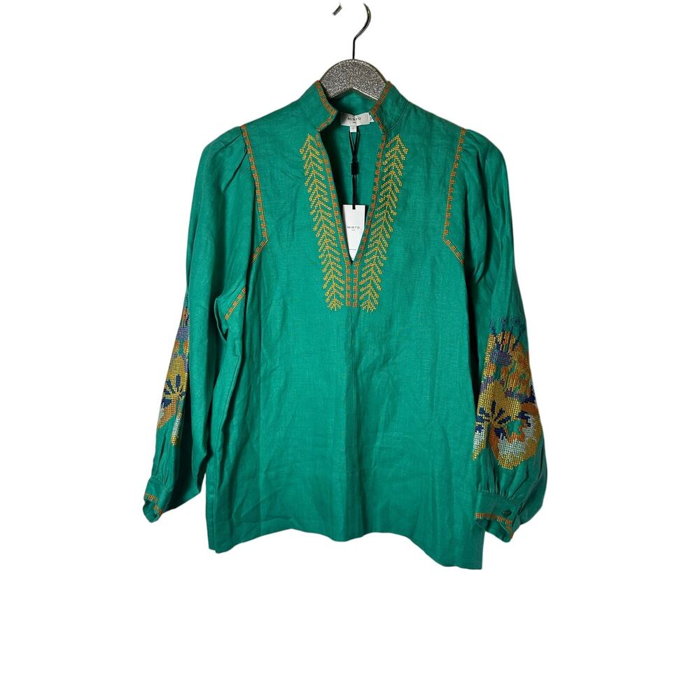 Mirto Green Linen Floral Embroidered Blouse with Puff Sleeve NEW
